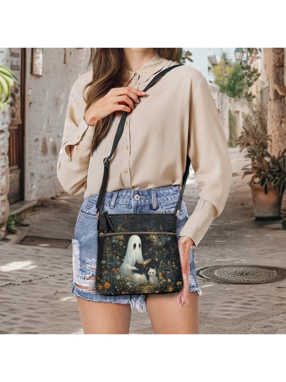 πWomen's Ghostly Cat Crossbody Bag Leather Handbag Sling Bag Large Hobo Bag - Picture 5 of 6